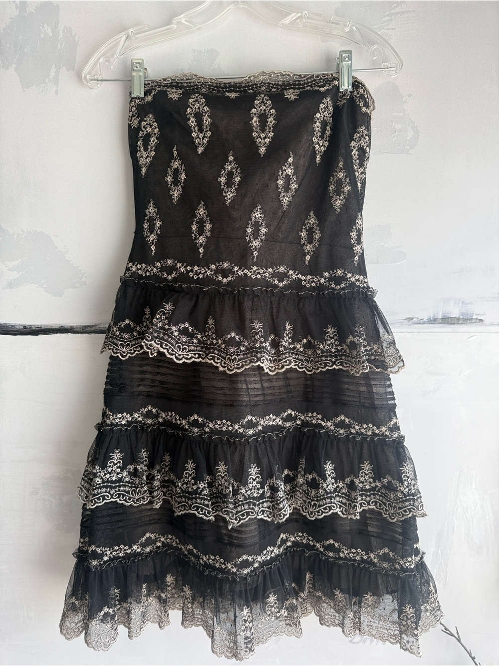 BCBGMaxAzria Black Lace Strapless Tiered Dress with Cream Embroidery